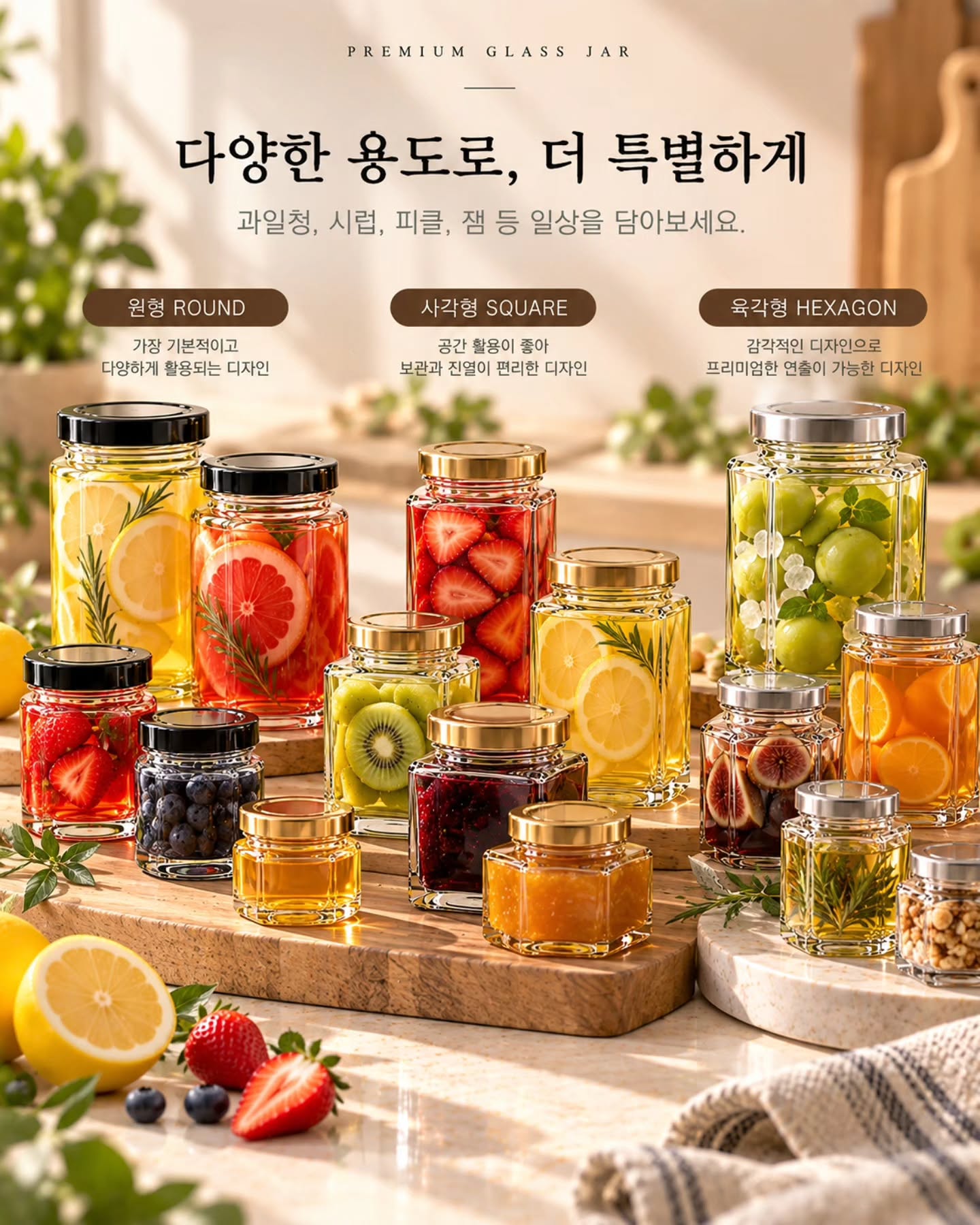 잼과 과일청을 담은 원형·사각·육각 유리 용기 이미지