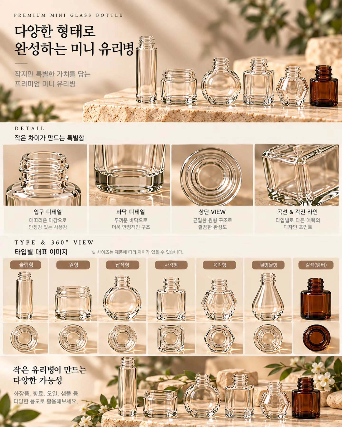 형태가 서로 다른 소형 유리병 제품 안내 이미지